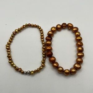TWO BRONZE AND GOLD REAL FRESHWATER PEARL STRETCH BRACELETS-ONE WITH STERLING